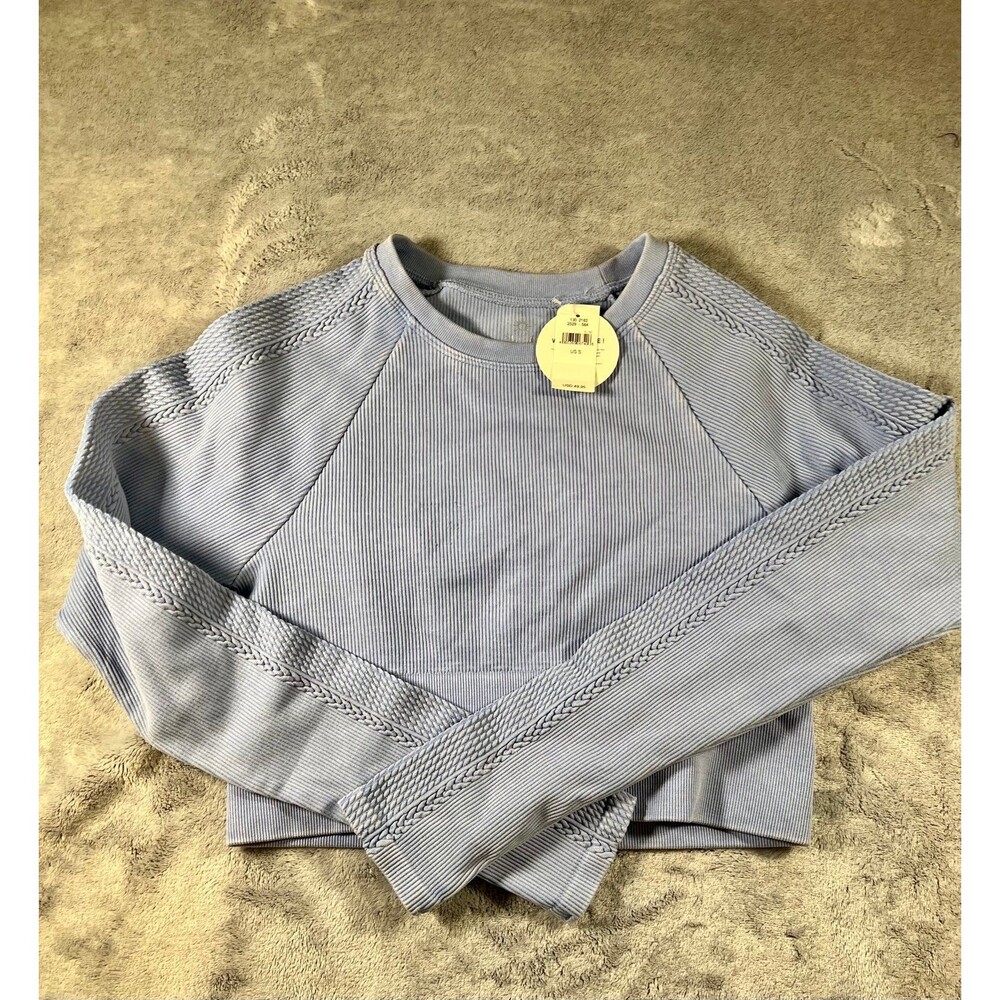 Offline by Aerie Ribbed Seamless Crop Top Blue Long Sleeve Cable Detail NWT